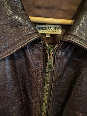 Vintage Giorgio Armani Men's Dark Brown Leather Bomber Jacket Coat Italy zip up